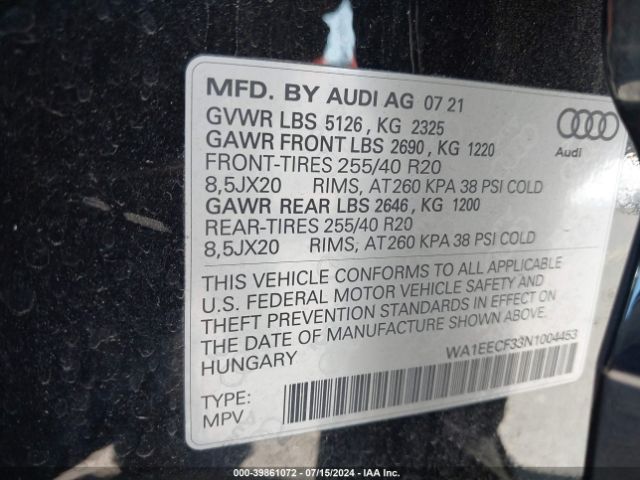 WA1EECF33N1004453 Audi Q3 Premium Plus 45 Tfsi S Line Quattro Tiptronic
