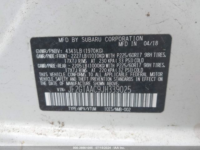JF2GTAAC9JH339025 Subaru Crosstrek 2.0i