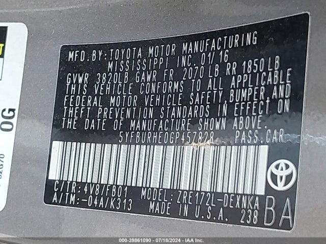 Toyota COROLLA LE 2016 5YFBURHE0GP457828 Image 9