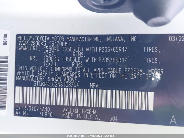 5TDKRKEC2NS108704 Toyota SIENNA LE