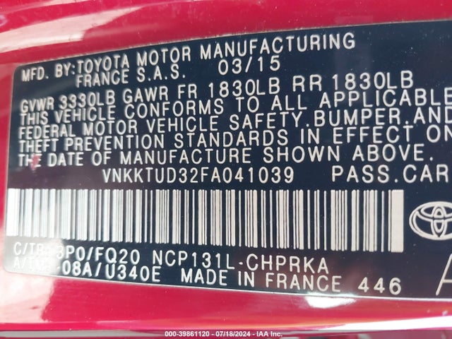 VNKKTUD32FA041039 Toyota YARIS L
