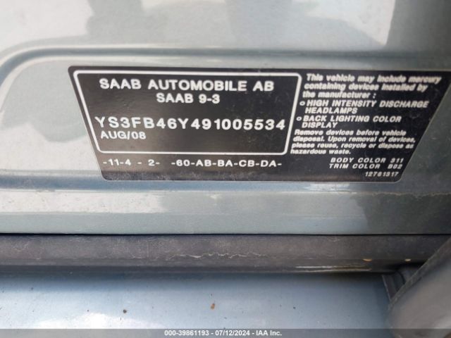 2009 SAAB 9-3 YS3FB46Y491005534 Photo 8
