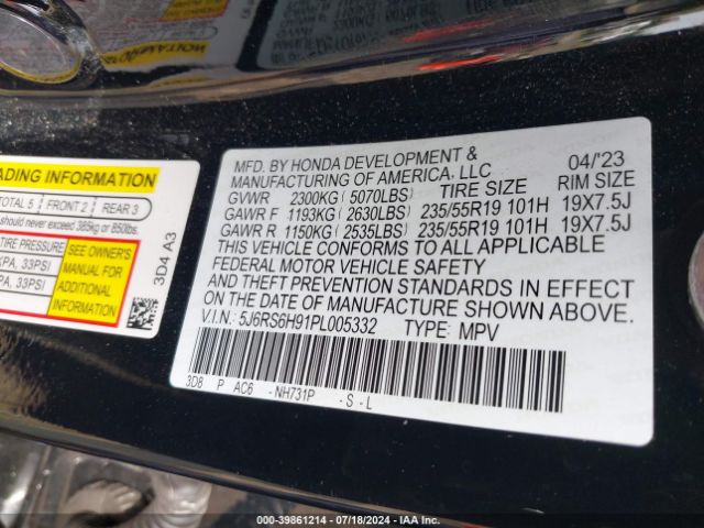 5J6RS6H91PL005332 Honda Cr-v Hybrid Sport Touring