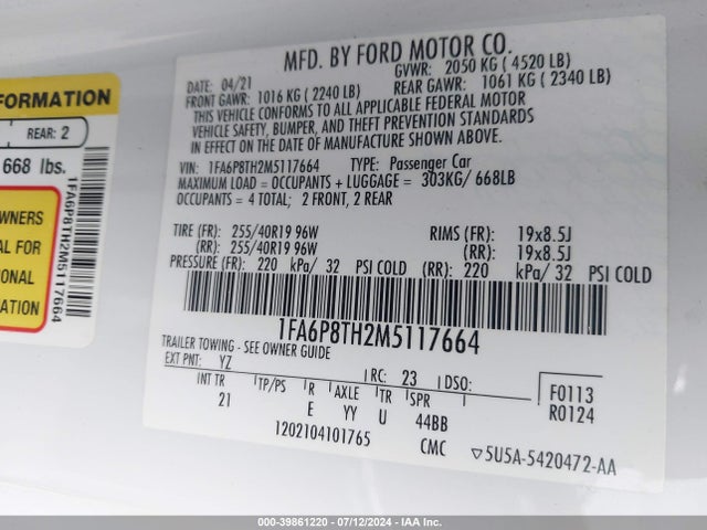 Ford Mustang Ecoboost Fastback 2021 1FA6P8TH2M5117664 Image 9