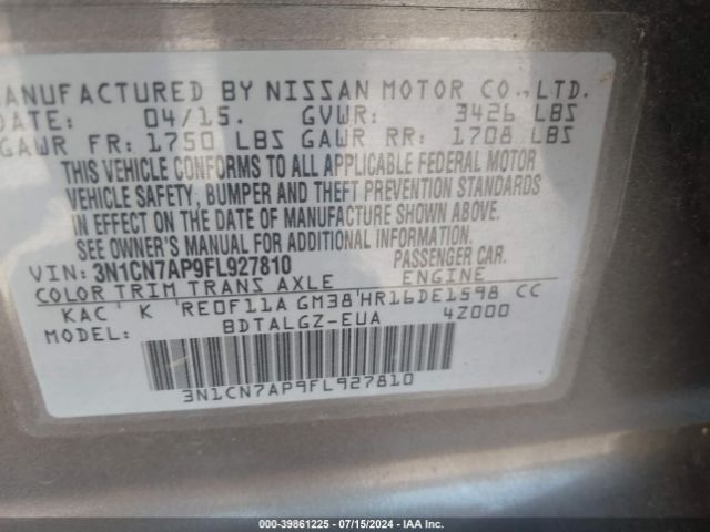 3N1CN7AP9FL927810 Nissan Versa 1.6 Sl