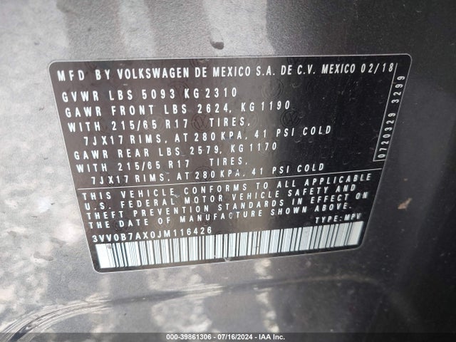 3VV0B7AX0JM116426 Volkswagen Tiguan 2.0t S