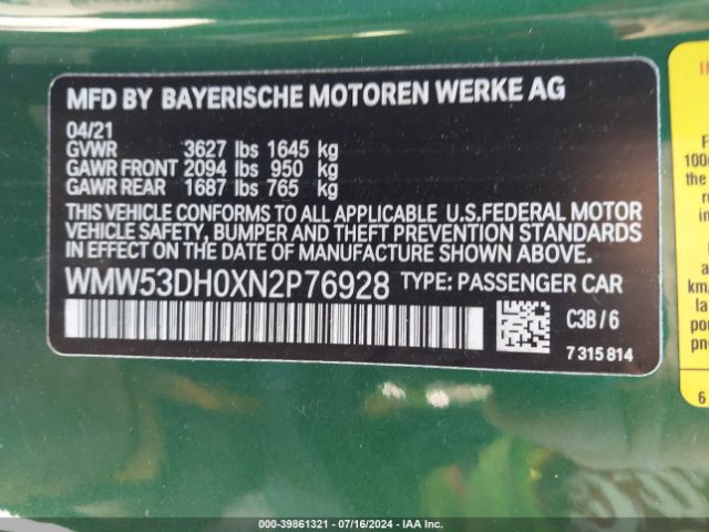WMW53DH0XN2P76928 Mini Hardtop Cooper S