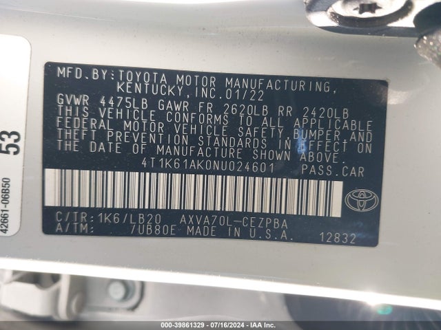 Toyota CAMRY XSE 2022 4T1K61AK0NU024601 Image 9