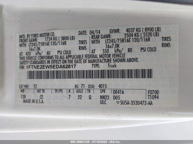 Ford E-250 Commercial 2014 1FTNE2EW5EDA62817 Image 9