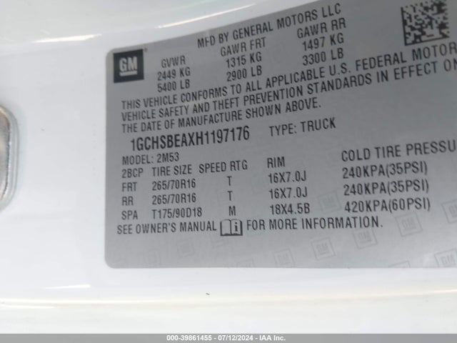 Chevrolet Colorado Wt 2017 1GCHSBEAXH1197176 Image 9