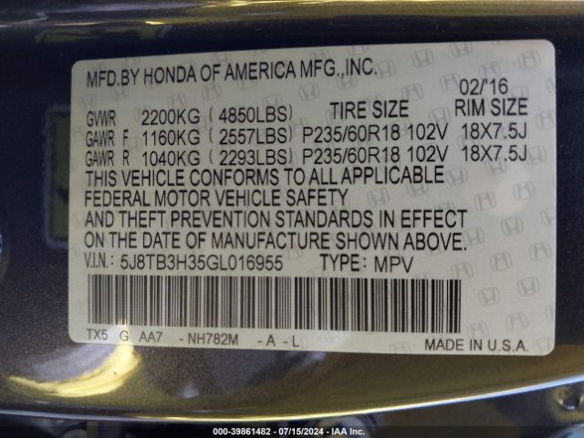 5J8TB3H35GL016955 Acura Rdx Acurawatch Plus Pkg