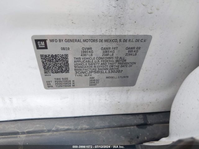 3GNCJPSB1LL130207 Chevrolet Trax Awd Lt