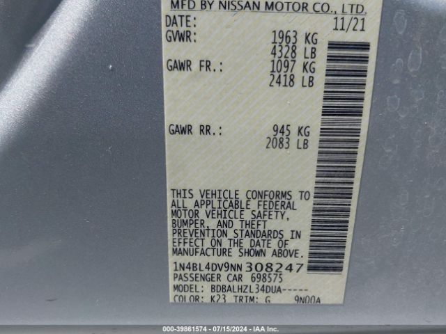 1N4BL4DV9NN308247 Nissan Altima Sv Fwd