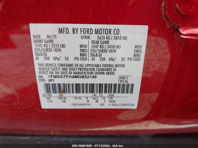 Ford Explorer Limited 2021 1FMSK7FH4MGB52140 Image 9