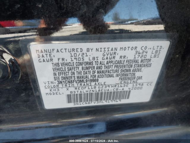 3N1CN8FV3ML919969 Nissan Versa Sr Xtronic Cvt