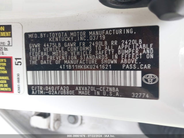 Toyota CAMRY LE 2019 4T1B11HK6KU241621 Image 9