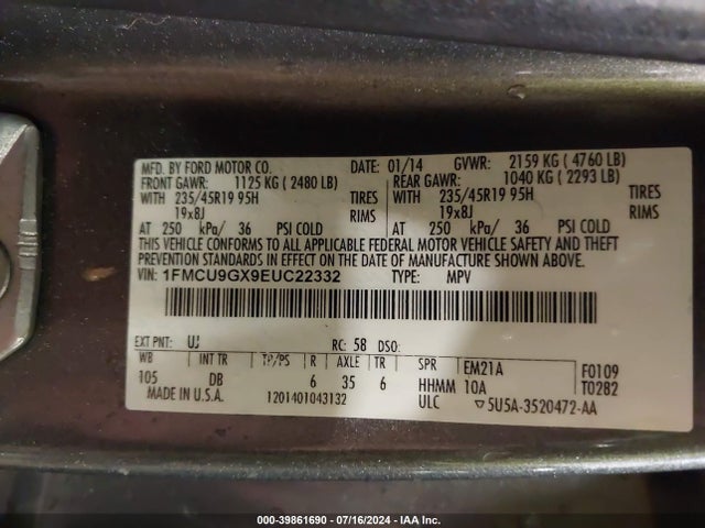 Ford ESCAPE SE 2014 1FMCU9GX9EUC22332 Image 9