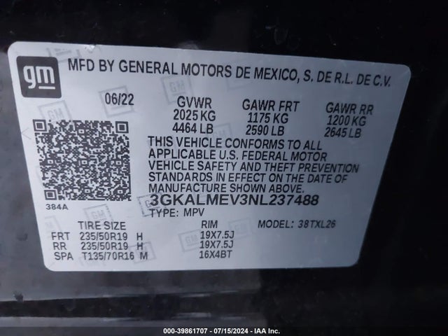 3GKALMEV3NL237488 GMC Terrain Fwd Sle