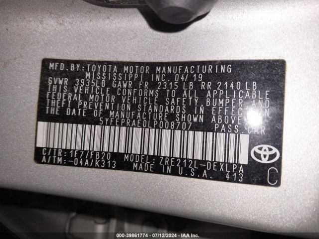2020 TOYOTA COROLLA 5YFEPRAE0LP008707 Photo 8