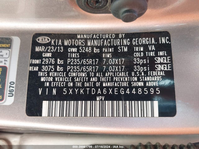 KIA SORENTO LX 2014 5XYKTDA6XEG448595 Image 9
