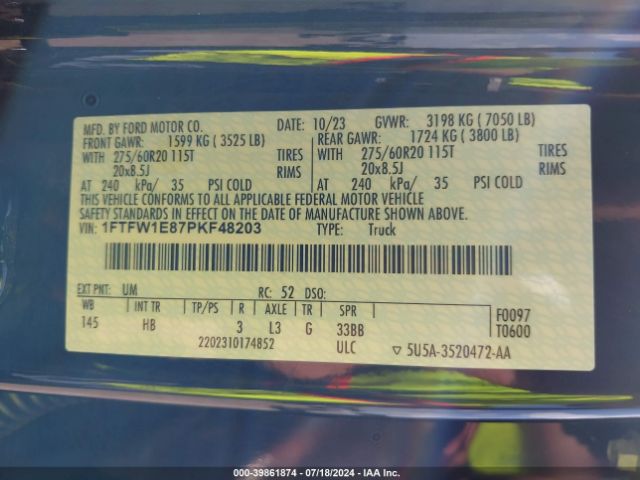 1FTFW1E87PKF48203 Ford F-150 Lariat