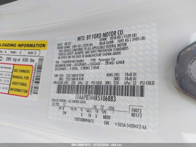 Ford Mustang Ecoboost Fastback 2024 1FA6P8TH4R5106883 Image 9