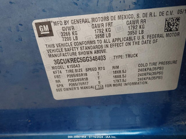 3GCUKREC5GG348403 Chevrolet Silverado 1500 2lt