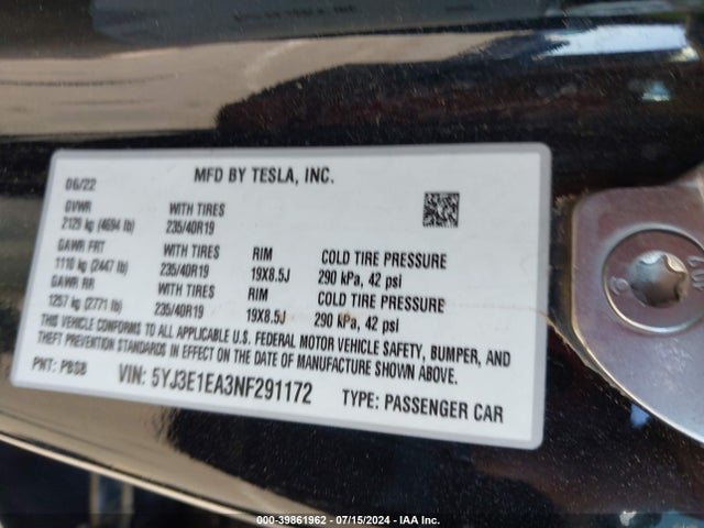 Tesla Model 3 Rear-wheel Drive 2022 5YJ3E1EA3NF291172 Image 9