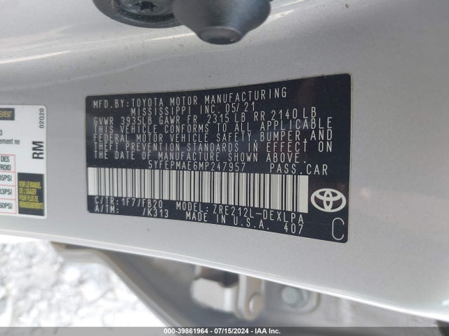 Toyota COROLLA LE 2021 5YFEPMAE6MP247957 Image 9