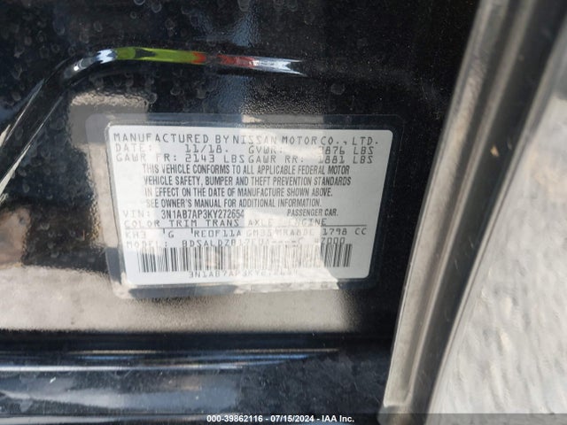 Nissan SENTRA SV 2019 3N1AB7AP3KY272654 Image 9