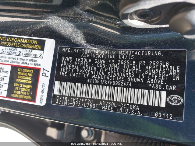 Toyota CAMRY SE 2015 4T1BF1FKXFU952474 Image 9