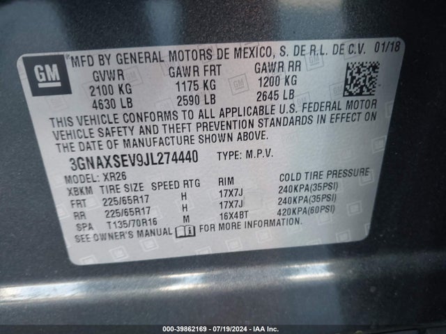Chevrolet EQUINOX LT 2018 3GNAXSEV9JL274440 Image 9