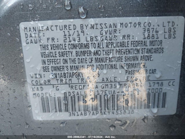 Nissan SENTRA S 2019 3N1AB7AP8KY455838 Image 9