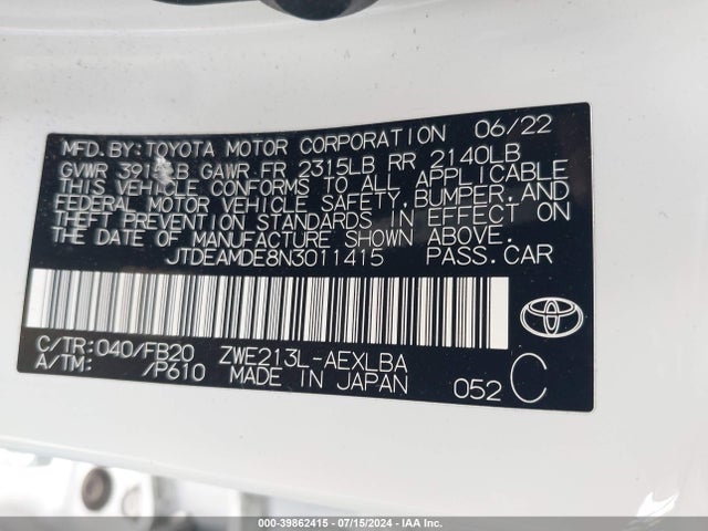Toyota Corolla Hybrid Le 2022 JTDEAMDE8N3011415 Image 9