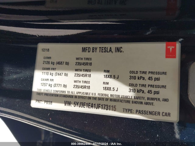 Tesla Model 3 Long Range/mid Range 2018 5YJ3E1EA1JF173115 Image 9