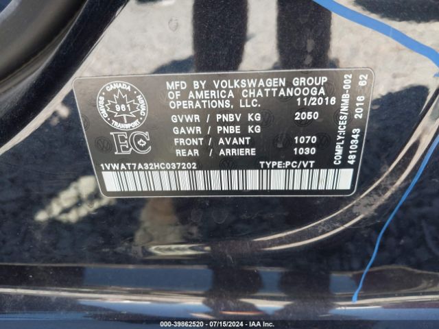 1VWAT7A32HC037202 Volkswagen Passat 1.8t S