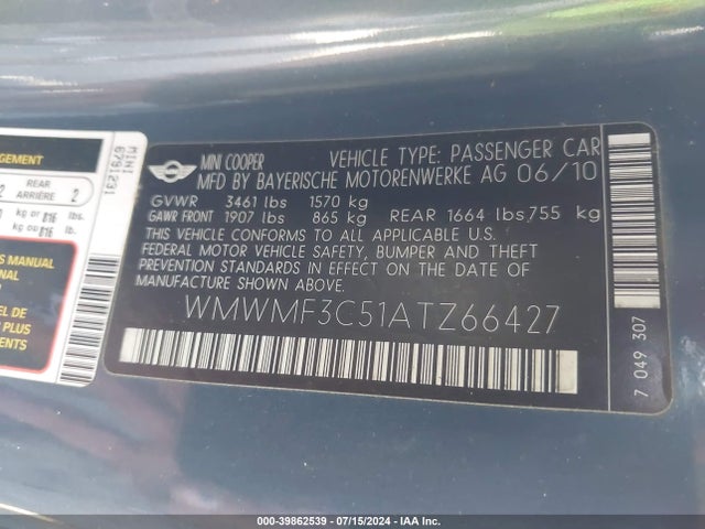 2010 MINI COOPER WMWMF3C51ATZ66427 Photo 8