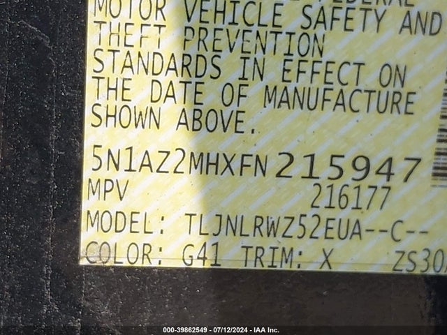 Nissan MURANO SL 2015 5N1AZ2MHXFN215947 Image 9