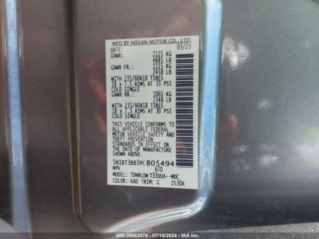5N1BT3BB3PC805494 Nissan Rogue Sv Intelligent Awd