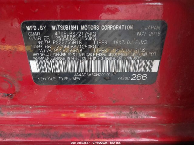 JA4AD3A3XHZ019157 Mitsubishi Outlander Sel