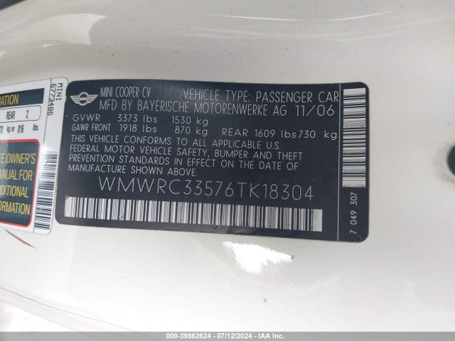 2006 MINI COOPER WMWRC33576TK18304 Photo 8