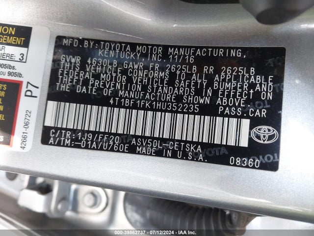 Toyota CAMRY SE 2017 4T1BF1FK1HU352235 Image 9