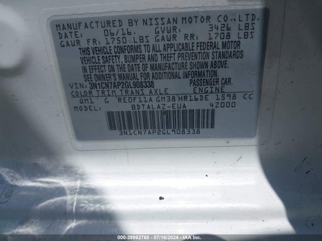 Nissan Versa 1.6 S+ 2016 3N1CN7AP2GL908338 Image 9
