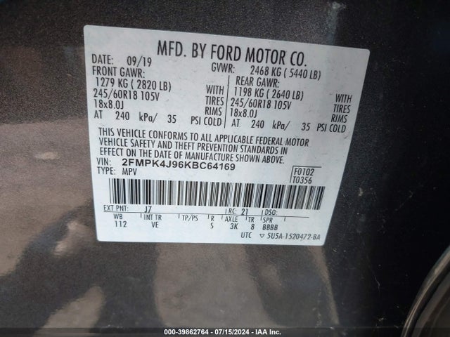 Ford EDGE SEL 2019 2FMPK4J96KBC64169 Image 9