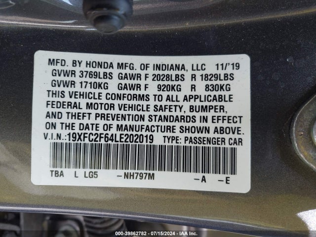 Honda Civic Lx 2020 19XFC2F64LE202019 Image 9