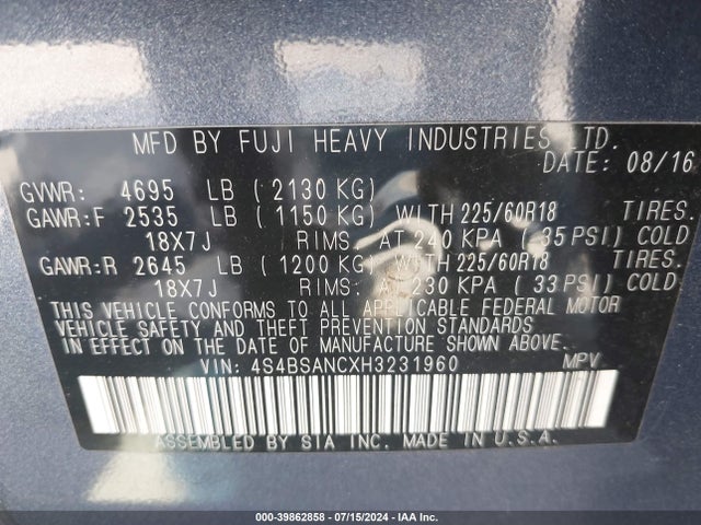 Subaru Outback 2.5i Limited 2017 4S4BSANCXH3231960 Image 9