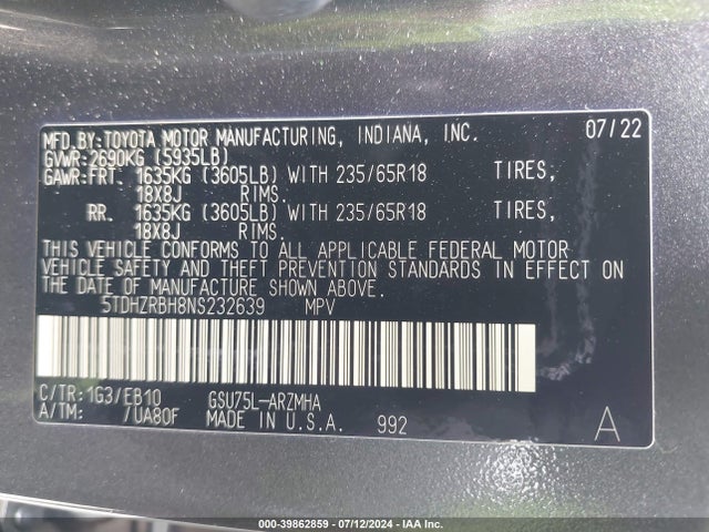 Toyota Highlander Xle 2022 5TDHZRBH8NS232639 Image 9