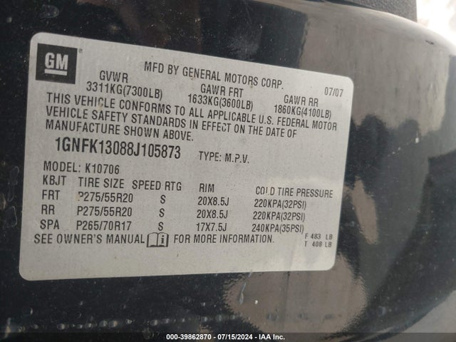 Продаж на аукціоні авто 2008 Chevrolet Tahoe Ltz, vin: 1GNFK13088J105873, номер лоту: 39862870