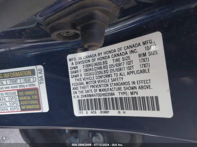 Honda Cr-v Ex-l 2016 2HKRM4H70GH603984 Image 9
