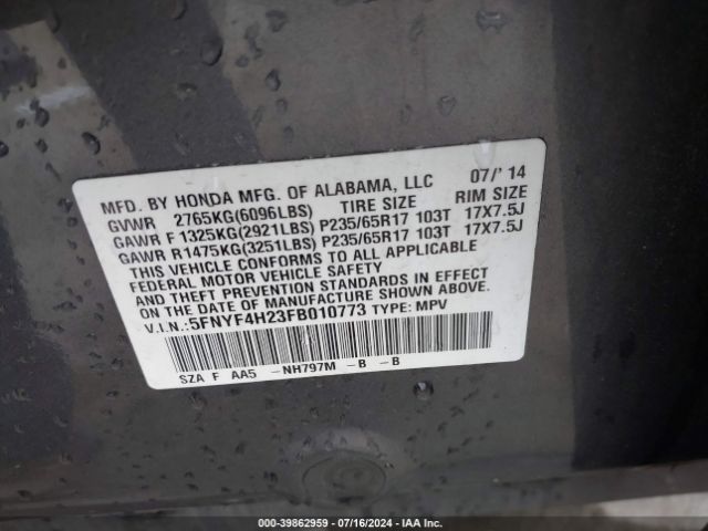 5FNYF4H23FB010773 Honda PILOT LX